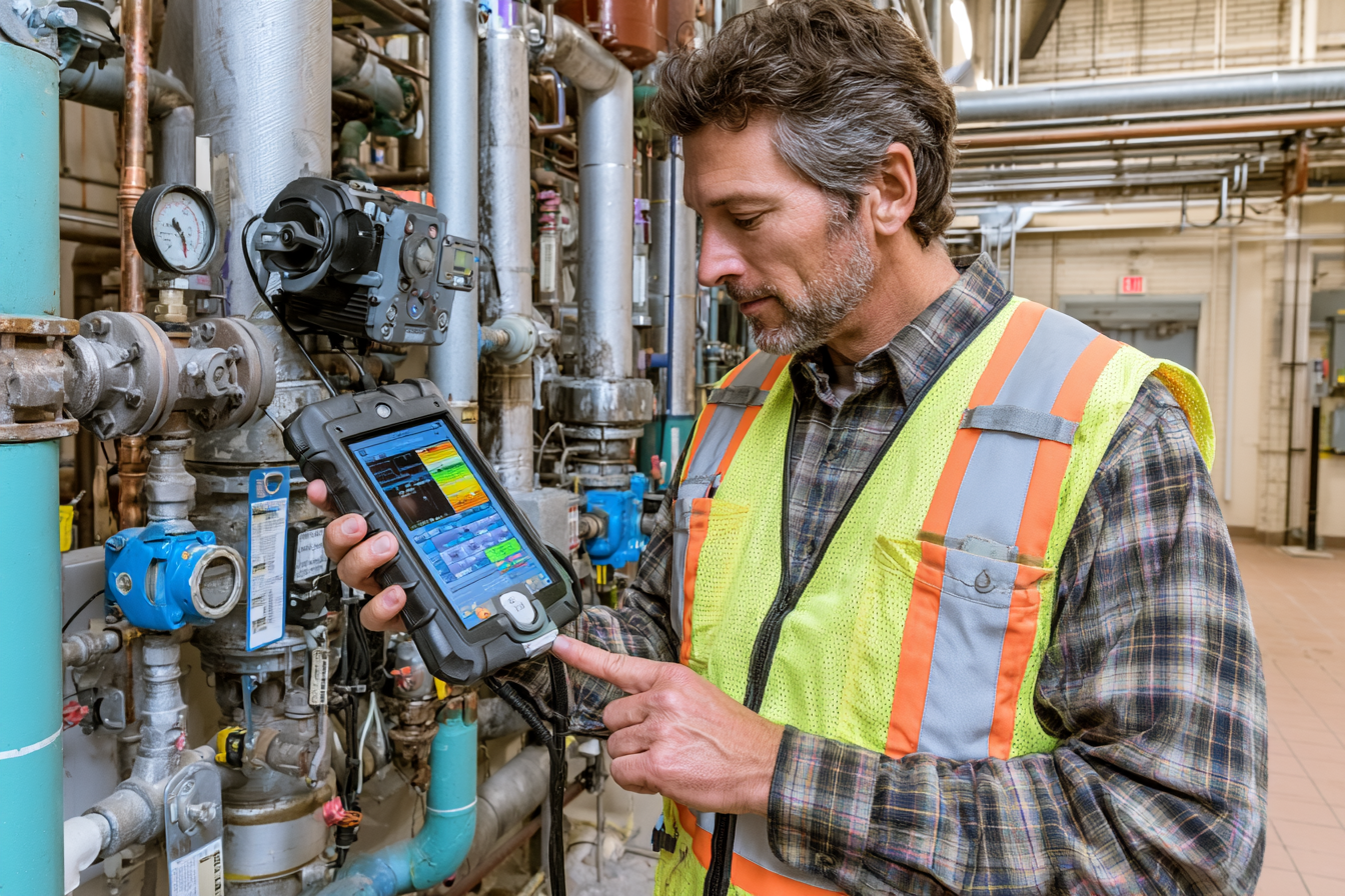 Technician using ultrasonic and thermal testing equipment during a steam trap survey