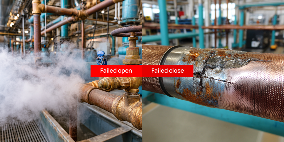 Diagram comparing failed-open and failed-closed steam trap conditions