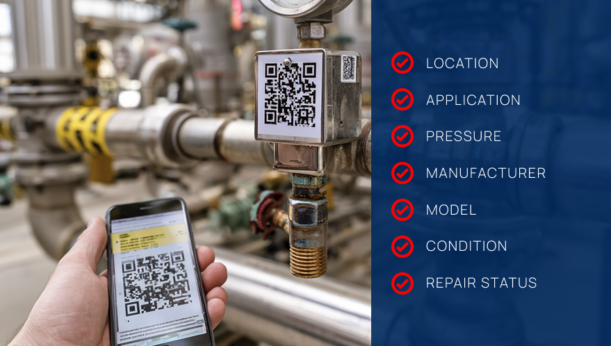 QR asset tag on a steam trap used for searchable trap inventory and maintenance tracking