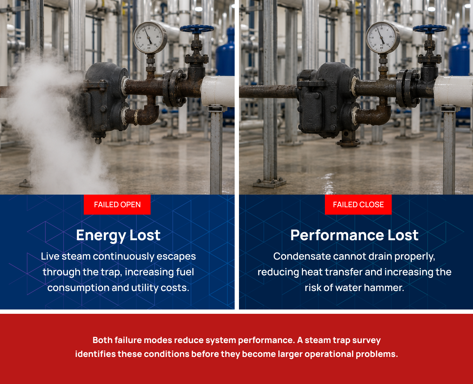 Diagram comparing failed-open and failed-closed steam trap conditions