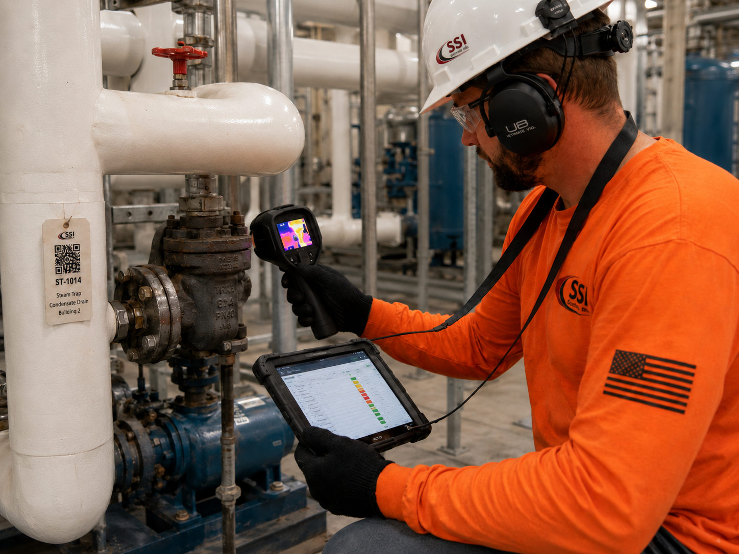 Technician using ultrasonic and thermal testing equipment during a steam trap survey