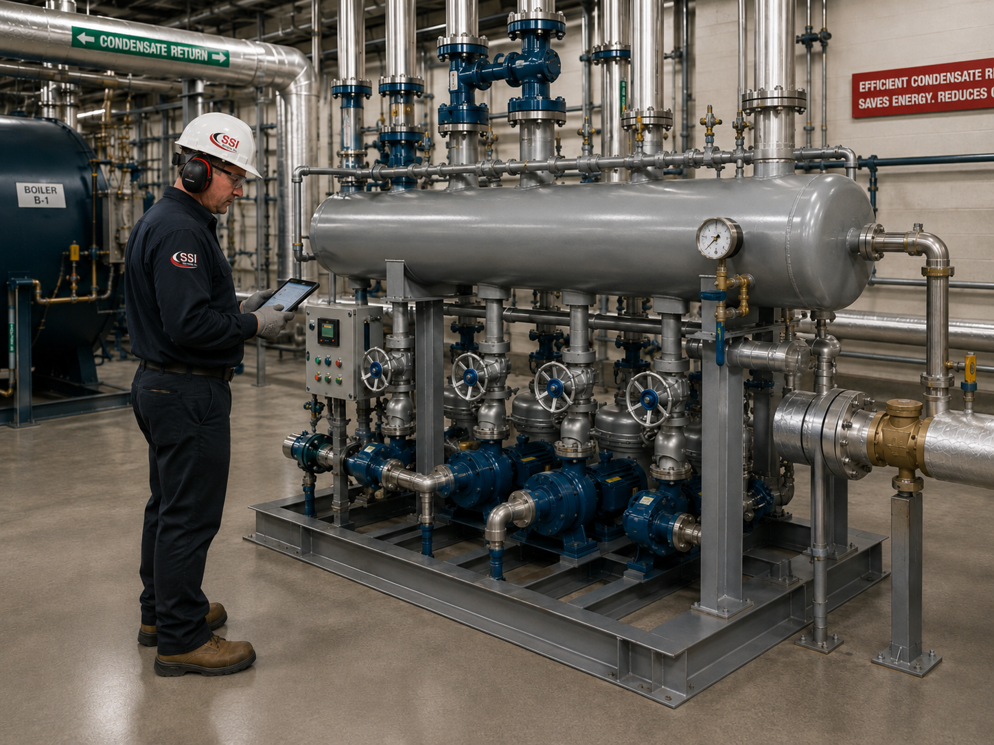 Condensate receiver and pump package connected to industrial steam return piping.