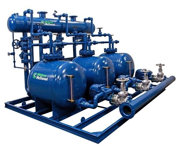 Isometric illustration of an industrial condensate return system showing steam supplied to process equipment and condensate returned through steam traps, a flash tank, receiver, pumps, and boiler feedwater system.