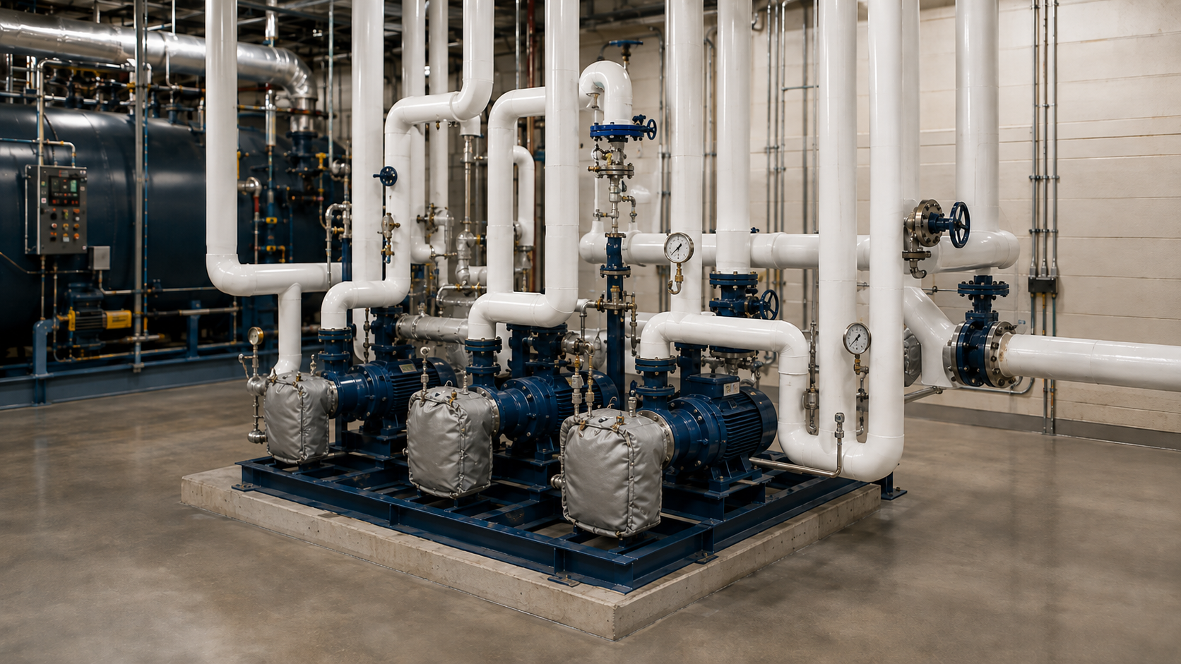Industrial condensate return system with receiver tank, pumps, return piping, and boiler feedwater connection.