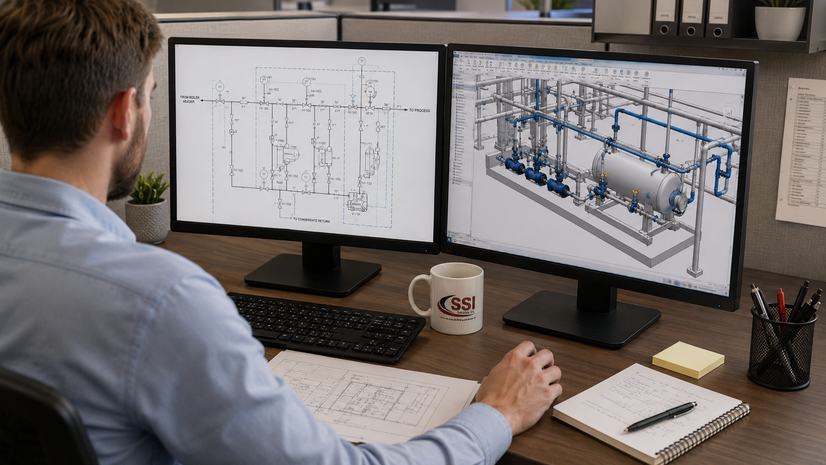 Steam system design deliverables including marked-up drawings, review comments, equipment schedules, and field notes.