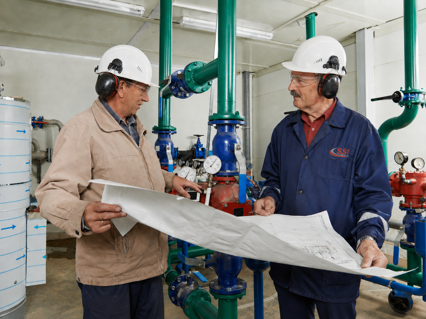 SSI specialist and facility engineer comparing a steam system drawing with installed piping and equipment.