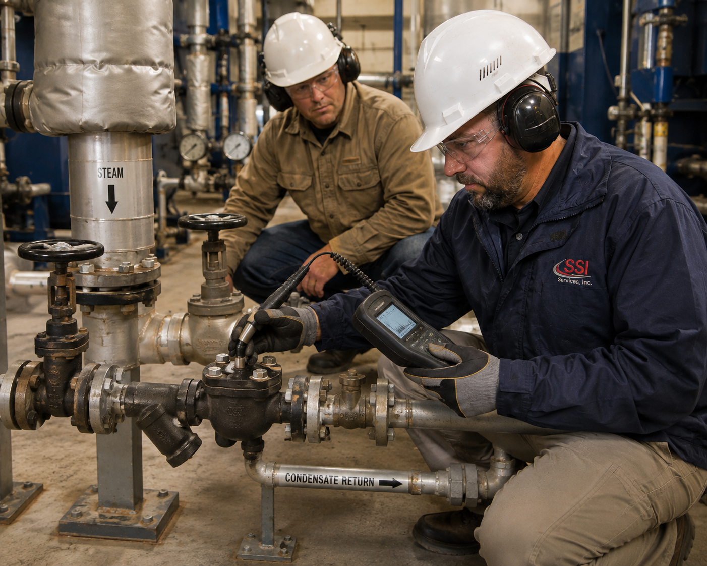 SSI field technician inspecting steam piping, trap stations, and condensate equipment in an active facility.
