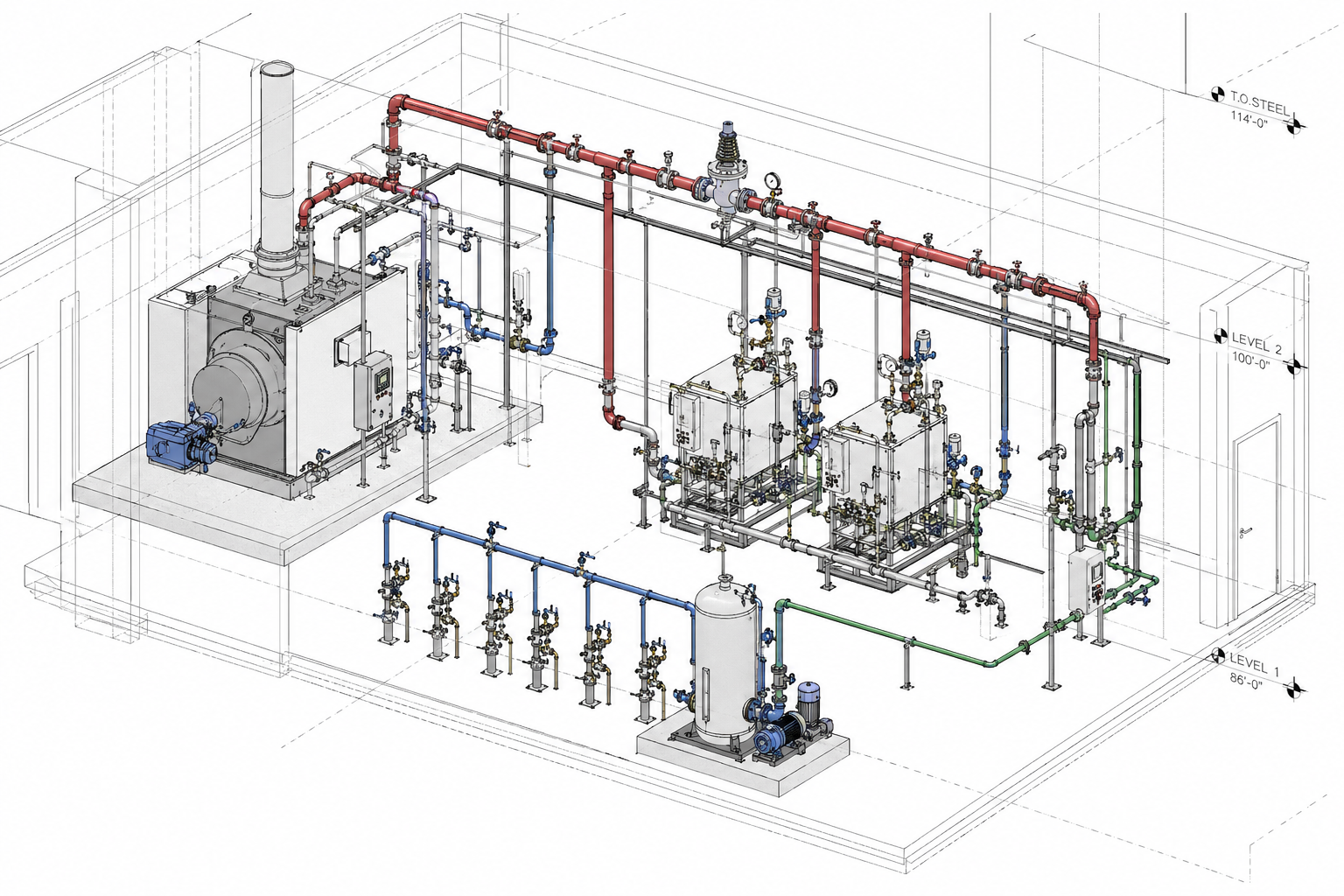 Annotated steam and condensate system drawing identifying pressure control, drainage, trap stations, equipment connections, and condensate return.