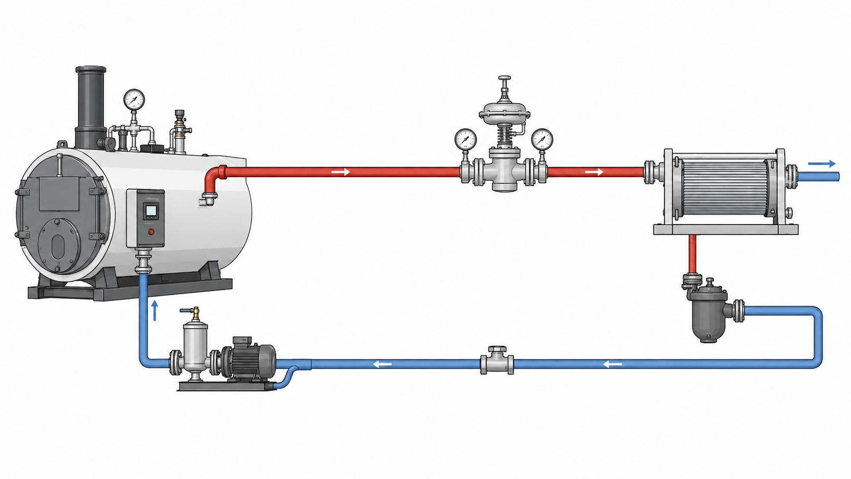 Diagram showing steam generation, distribution, pressure reduction, end-use equipment, steam traps, and condensate return.