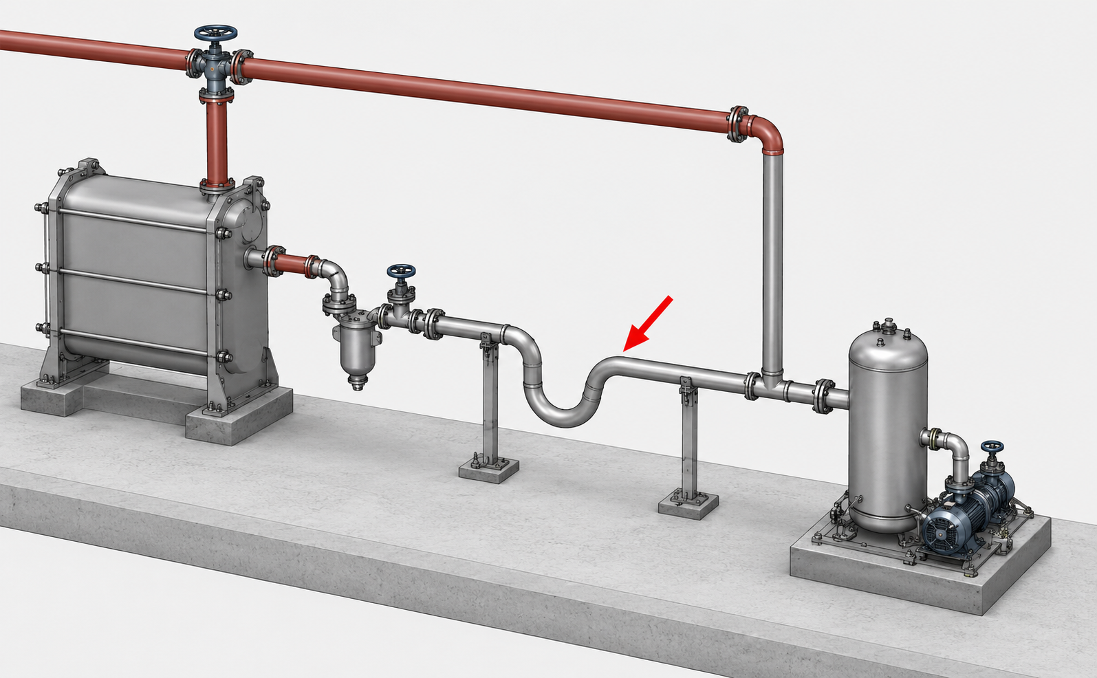 Comparison of properly drained steam piping and a poorly configured system with condensate accumulation and inadequate drainage.