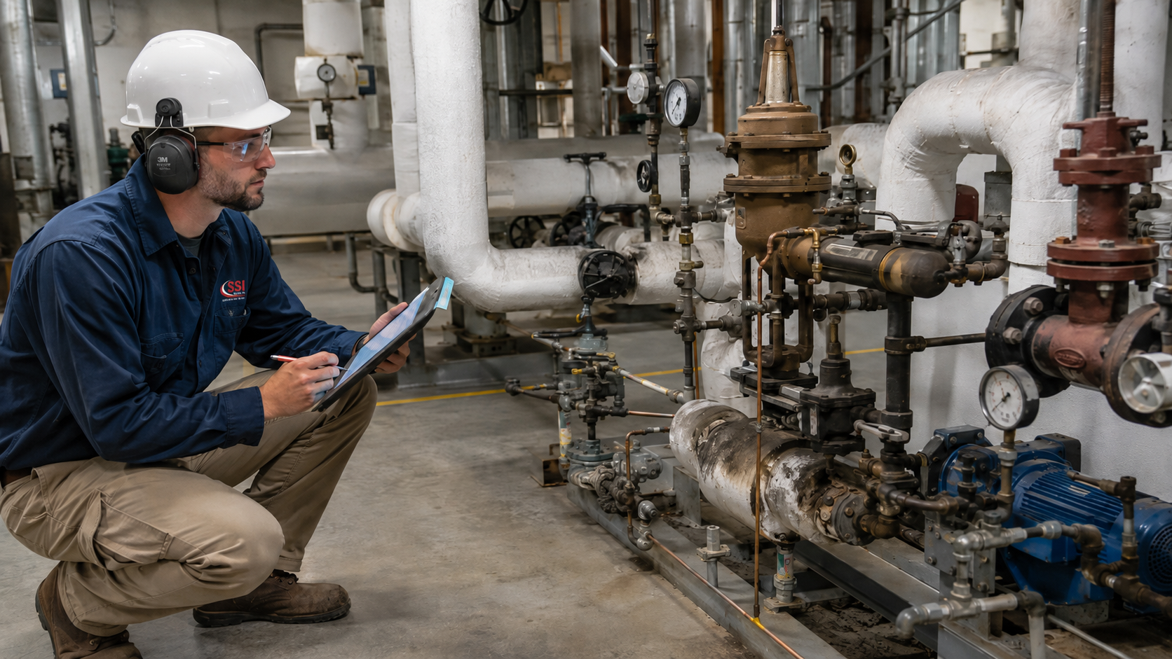 SSI specialist reviewing steam and condensate piping with a system drawing in an industrial mechanical room.