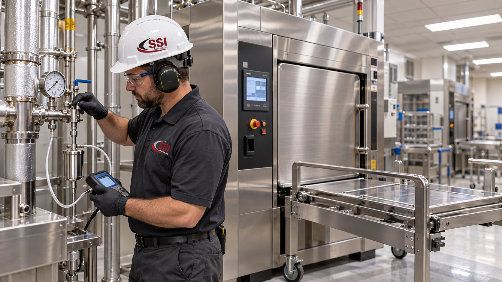 SSI Services technician in a hard hat, safety glasses, hearing protection, and work gloves testing hospital steam sterilizer equipment in a clean mechanical room.