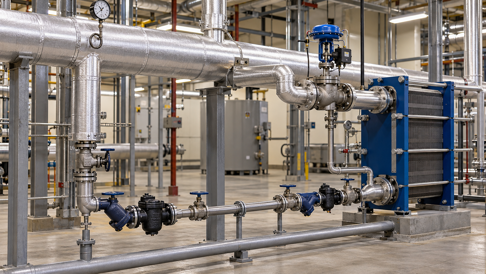 Connected steam and condensate system evaluated during a steam system assessment.