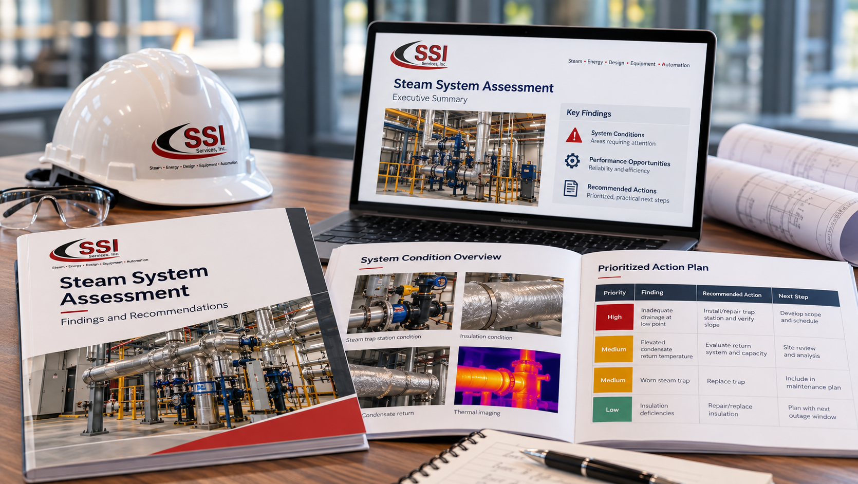 Steam system assessment report with findings and prioritized corrective actions.